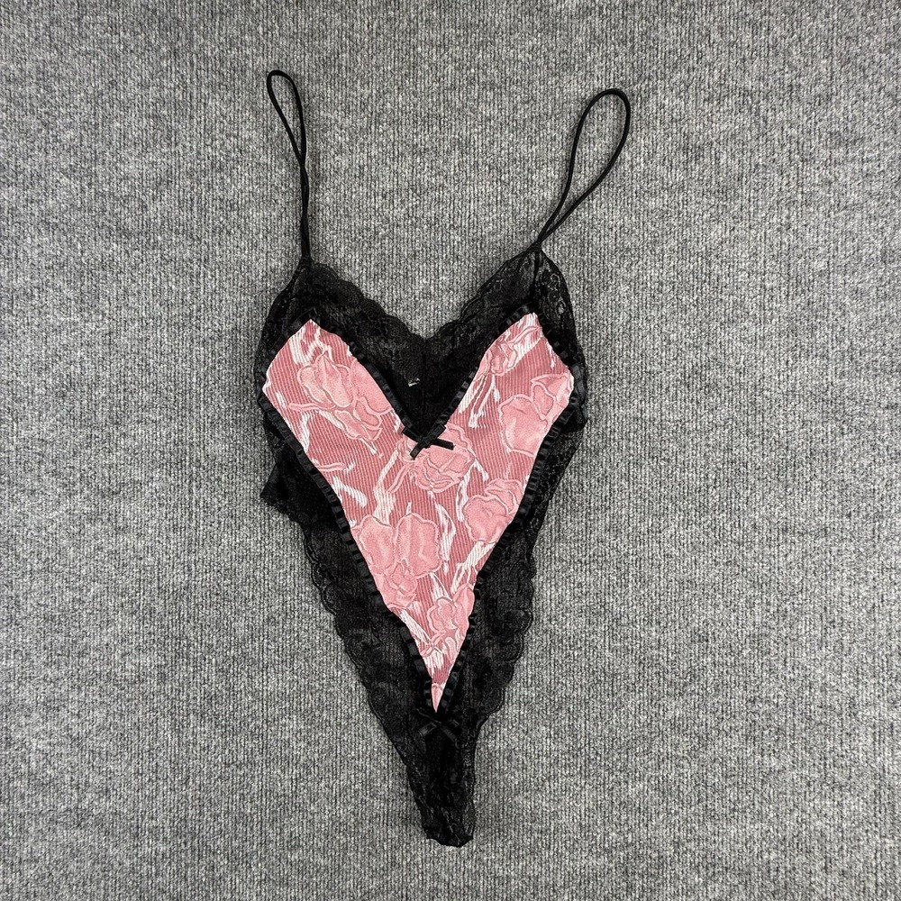 VTG Lace Teddy Womens Small Pink Black Floral Sheer Unlined‎ One Piece Lingerie